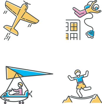 Air extreme sports color icons set. Aerobatics, base jumping, micro lighting and highlining. Outdoor activities. Adrenaline entertainment and risky recreation. Isolated vector illustrations