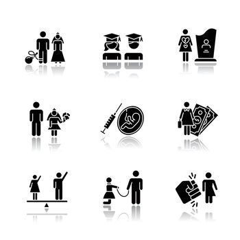 Gender equality drop shadow black glyph icons set. Forced marriage. Education equality. Maternity mortality. Child marriage. Female economic activity. Trans woman. Isolated vector illustrations