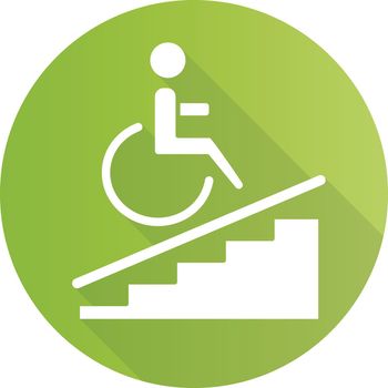 Wheelchair access green flat design long shadow glyph icon. Accessible to handicap people. Wheelchair ramp sign. Apartment amenities. Architectural barriers. Vector silhouette illustration