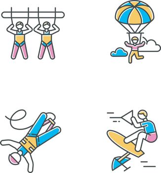 Air extreme sports color icons set. Giant swing, parachuting, bungee jumping and wakeboarding. Outdoor activities. Adrenaline entertainment and risky recreation. Isolated vector illustrations