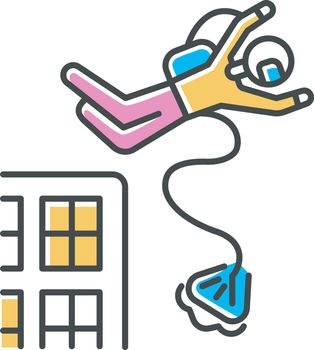 Base jumping color icon. Parachuting. Skydiver, parachutist jumping from skyscraper, high rise building. Extreme sport freefall stunt. Adrenaline recreation. Isolated vector illustration