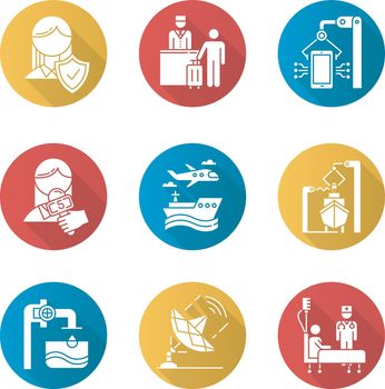 Industry types flat design long shadow glyph icons set. Life insurance. Hospitality industry. Electronics. Transport. News and media. Healthcare. Pure water. Metallurgy. Vector silhouette illustration