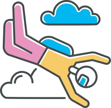 Skydiving color icon. Sky diving. Freefall tricks. Skydiver jumping with parachute. Air extreme sport flight stunt. Adrenaline recreation. Parachutist flying in sky. Isolated vector illustration