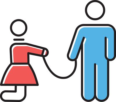 Sexual slavery color icon. Violation of female human rights. Abusing, harrassing, bullying woman. Man with girl on leash. Sex with no consent. Crime offense. Isolated vector illustration