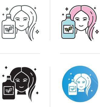Natural shampoo bottle icon. SLS, paraben free haircare product. Hygiene. Hypoallergenic, botanical based. Organic cosmetics. Flat design, linear and color styles. Isolated vector illustrations