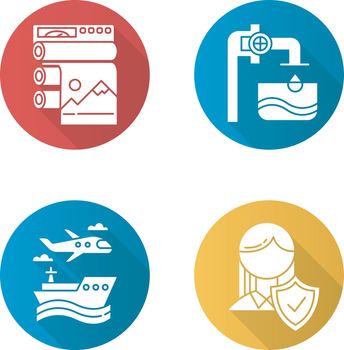 Industry types flat design long shadow glyph icons set. Professional publishing. Water production. Transport, vehicles. Life insurance. Travel services. Plane, ship. Vector silhouette illustration