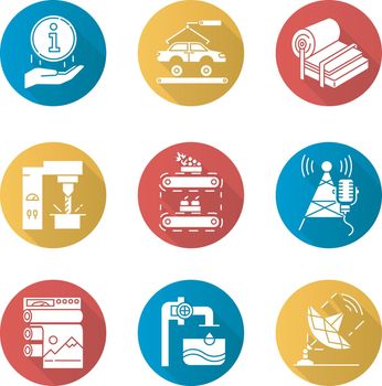 Industry types flat design long shadow glyph icons set. Information. Auto production. Pulp and paper. Steel industry. Fruit supply. Broadcasting. Water purification. Vector silhouette illustration