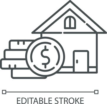 Home equity linear icon. Credit to buy real estate building. Renting house. Borrow money to purchase apartment. Thin line illustration. Contour symbol. Vector isolated outline drawing. Editable stroke