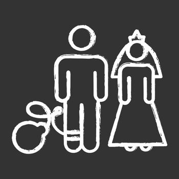 Forced marriage chalk icons set. Woman and man, groom and bride. Forcible wedlock. Compulsory marriage. Female, male rights. Relationship with no consent. Isolated vector chalkboard illustrations