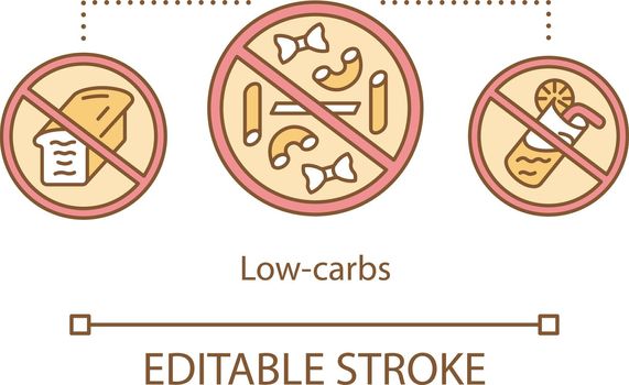 Low carbs diet concept icon. Keto dieting idea thin line illustration. Ketogenic food. Carbohydrate nutrition. Forbidden meal. Healthy lifestyle. Vector isolated outline drawing. Editable stroke