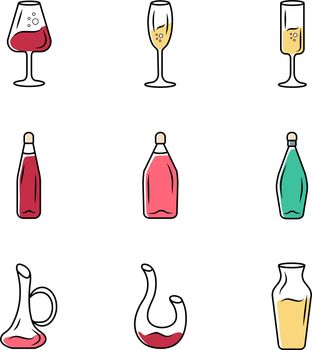 Winery glassware icons set. Different types of wine. Decanters, bottles, glasses. Aperitif drinks, cocktails, alcohol beverages. Party, bar, restaurant tableware. Isolated vector illustrations