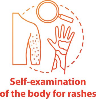 Body self-examination red concept icon. Rash, eczema symptoms, signs. Inflammation, itchiness on skin. Safe sex. Dermatology idea thin line illustration. Vector isolated outline drawing