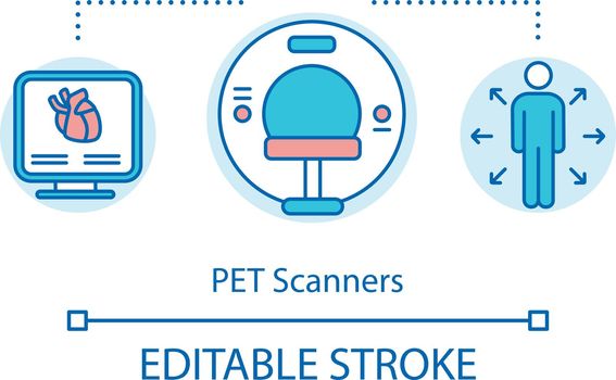 PET scanners concept icon. Positron emission tomography. Functional imaging technique in medicine. Disease diagnostic idea thin line illustration. Vector isolated outline drawing. Editable stroke