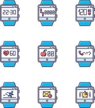 Fitness tracker functions color icons set. Wristband smartwatch capabilities and wellness services. Running health applications, tracking steps, heart rate. Isolated vector illustrations