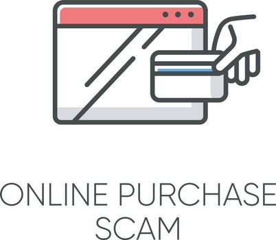 Online purchase scam color icon. Internet shopping scheme. Illegitimate seller. Fake retailer website. Cybercrime. Phishing. Consumer fraud. Malicious practice. Isolated vector illustration