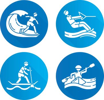 Watersports flat design long shadow glyph icons set. Surfing, water skiing, rafting and sup boarding. Extreme kinds of sports. Summer vacation leisure, adventures.Vector silhouette illustration