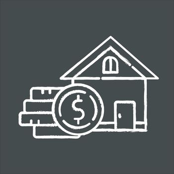 Home equity chalk icon. Credit to buy real estate building. Buying, renting house. Borrow money to purchase apartment. Coin stack. Investment, mortrage. Isolated vector chalkboard illustration