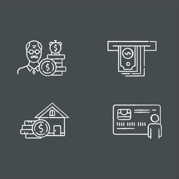 Credit chalk icons set. Borrowing from Retirement. Pension budget ivestment. Real estate. Home equity loan. Cash withdrawal from ATM. Personal credit card. Isolated vector chalkboard illustrations