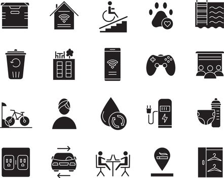 Apartment amenities glyph icons set. Residential services. Comfortable house signs. Luxuries for dwelling inhabitants. Property conveniences. Silhouette symbols. Vector isolated illustration