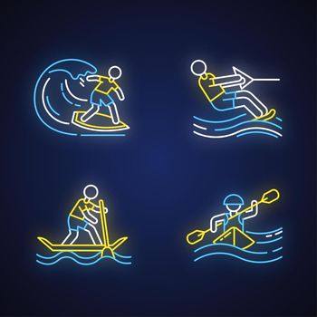 Watersports neon light icons set. Surfing, water skiing, rafting and sup boarding. Extreme kinds of sports. Summer vacation leisure, adventures. Glowing signs. Vector isolated illustrations