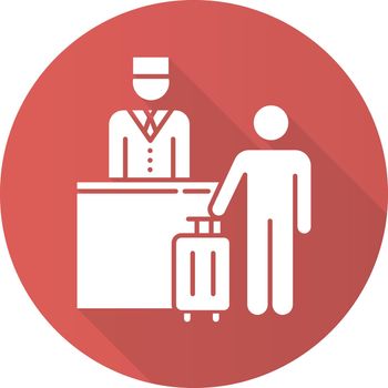 Hospitality industry red flat design long shadow glyph icon. Receptionist with tourist. Hotel management services. Reservation, checkout desk. Tourism business. Vector silhouette illustration