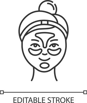 Applying hydrogel patches linear icon. Skin care procedure. Blackheads removal. Dermatology, cosmetics, makeup. Thin line illustration. Contour symbol. Vector isolated outline drawing. Editable stroke