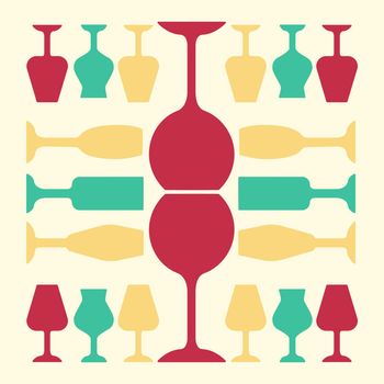 Glassware red, yellow and turquoise color icon. Restaurant service. Alcohol bar. Port and madeira glasses. Wineglasses. Strong drinks. Isolated vector illustration