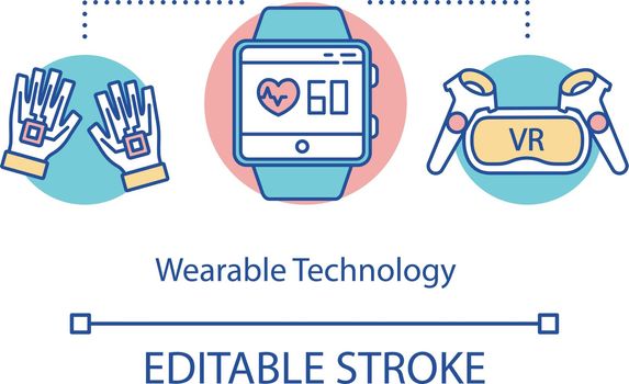 Wearable technology concept icon. Electronic portable devices for health tracking and gaming. High tech gadgets idea thin line illustration. Vector isolated outline drawing. Editable stroke