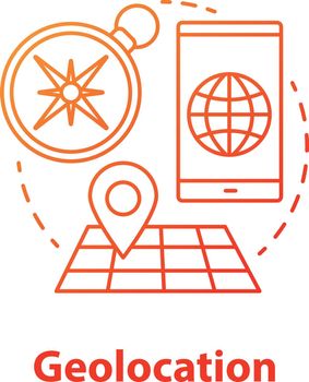 Geolocation concept icon. GPS navigation idea thin line illustration. Search route, choose travel destination. Map with geotag. Navigator application. Vector isolated outline drawing