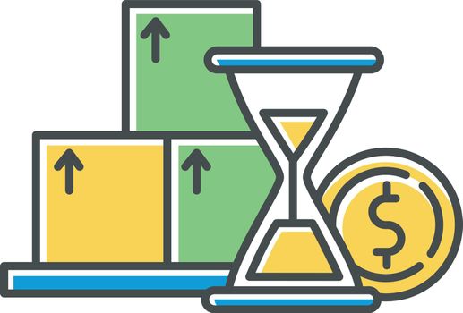 Budget increase graph color icon. Rising interest rate with time. Smart investment infographic. Credit countdown. Hourglass and coin. Loan money, make deposit. Isolated vector illustration