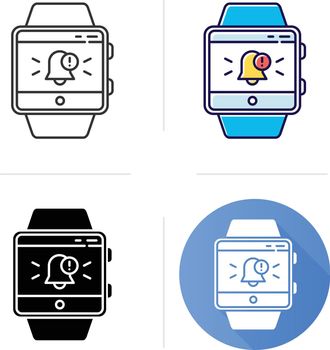 Push notifications smartwatch function icon. Fitness wristband capability. Alert box with specified message to user. Bell symbol. Flat design, linear and color styles. Isolated vector illustrations