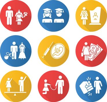 Gender equality flat design long shadow glyph icons set. Education equality. Maternity mortality. Child marriage. Female economic activity. Violance against trans woman. Vector silhouette illustration