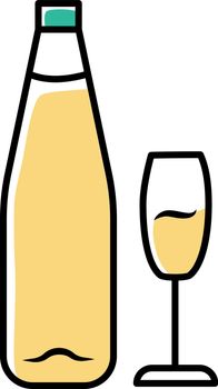 Wine yellow color icon. Alcohol bar. Bottle and wineglass. Alcoholic beverage. Restaurant service. Standard glassware for white wine. Isolated vector illustration