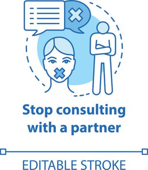 Stop consulting with partner concept icon. Distrust, resentment, indifference in relationship. Silent about problems idea thin line illustration. Vector isolated outline drawing. Editable stroke