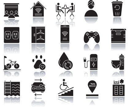 Apartment amenities drop shadow black glyph icons set. Residential services. Comfortable house signs. Luxuries for dwelling inhabitants. Property conveniences. Isolated vector illustrations
