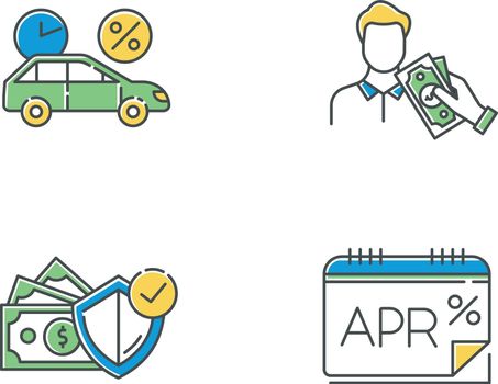 Loan color icons set. Car credit with interest rate. Borrow, loan money. Give, take cash. Pay for insurance. Annual percentage rate report. APR calculations. Isolated vector illustrations