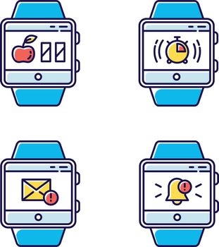Fitness tracker functions color icons set. Wristband smartwatch capabilities and wellness services. Calories counter, stopwatch, notifications, mail, messages. Isolated vector illustrations