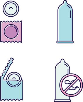 Contraceptive blue color icons set. Safe sex. Male latex condom in package. Preservative method. Birth control. Unwanted pregnancy prevention. HIV risk precaution option. Isolated vector illustrations