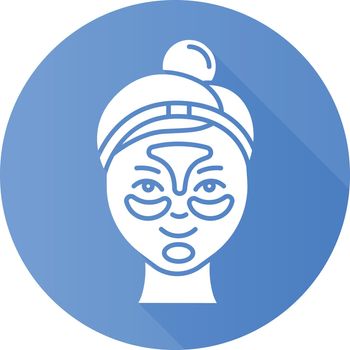 Applying hydrogel patches blue flat design long shadow glyph icon. Skin care procedure. Blackheads removal. Gel mask Facial beauty treatment. Face product. Vector silhouette illustration
