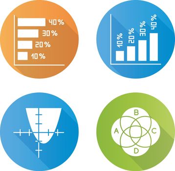 Chart and graph flat design long shadow glyph icons set. Horizontal and vertical histogram with interest rates. Function curve. Venn diagram. Trigonometry. Business. Vector silhouette illustration