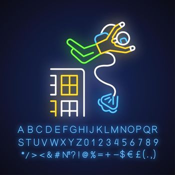 Base jumping neon light icon. Parachuting. Skydiver, parachutist jumping from skyscraper, high rise building. Adrenaline recreation. Glowing sign with alphabet, numbers. Vector isolated illustration
