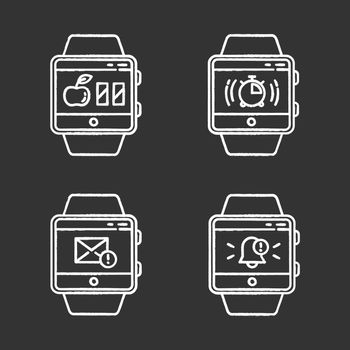 Fitness tracker functions chalk icons set. Wristband smartwatch capabilities and wellness services. Calories counter, stopwatch, notifications, messages. Isolated vector chalkboard illustrations