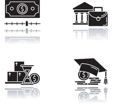 Credit drop shadow black glyph icons set. Student loan. Monthly icome increase report. Credit bureau. Investment, budget chart. Cash advance. Borrow money. Isolated vector illustrations