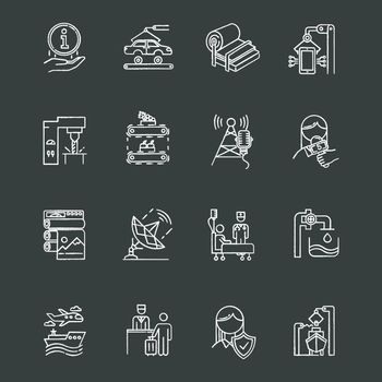 Industry types chalk icons set. News, media. Information broadcasting, Shipbuilding. Pulp and paper production. Publishing. Healthcare. Hospitality industry. Isolated vector chalkboard illustrations
