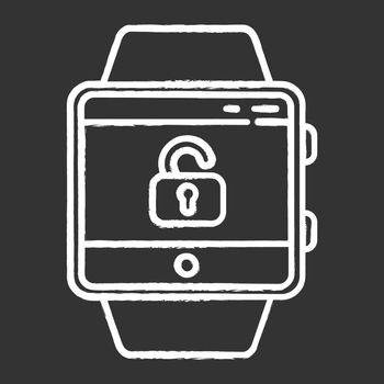 Screen unlocking smartwatch function chalk icon. Security and convenience device feature. Fitness wristband capability. Modern device. Opened lock symbol. Isolated vector chalkboard illustration