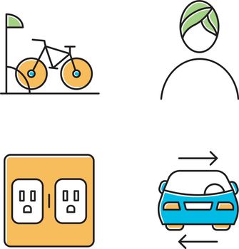Apartment amenities color icons set. Bike parking, spa, shared car service, charging outlets. Residential services. Luxuries for dwelling inhabitants. Isolated vector illustrations