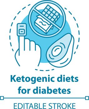 Ketogenic dietes for diabetes concept icon. Keto food idea thin line illustration. Healthy nutrition. Diabetic treatment. Balanced meal. Vector isolated outline drawing. Editable stroke