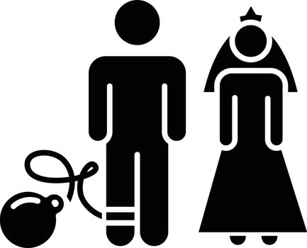 Forced marriage glyph icon. Woman and man, groom and bride. Family burden. Forcible wedlock. Compulsory marriage. Female, male rights. Silhouette symbol. Negative space. Vector isolated illustration