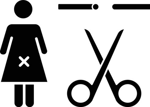 Forced sterilization glyph icon. Unintendend pregnancy prevention method. Female fallopian tube blocked. Compulsory sterilization. Silhouette symbol. Negative space. Vector isolated illustration