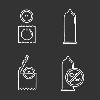 Contraceptive chalk icons set. Safe sex. Male latex condom in package. Preservative. Birth control. Unwanted pregnancy prevention. HIV risk precaution option. Isolated vector chalkboard illustrations
